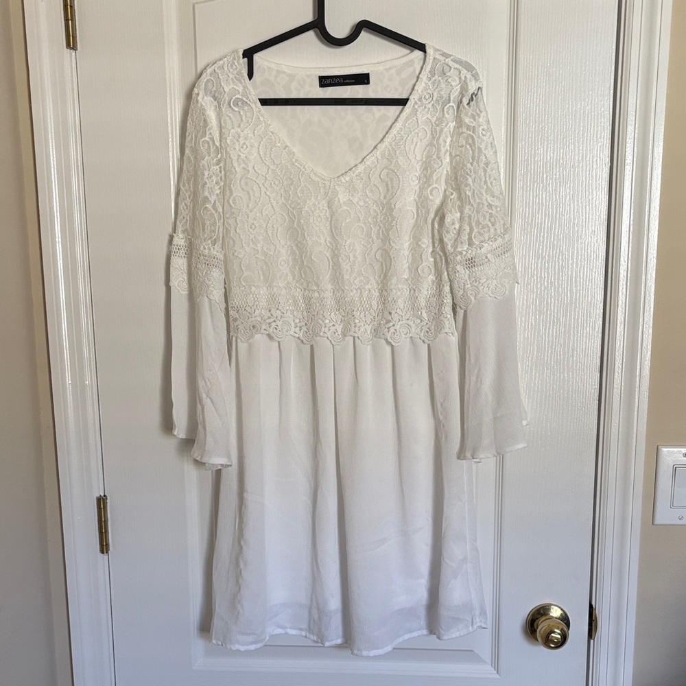 Zanzea White Lace Overlay Long Bell Sleeve Dress